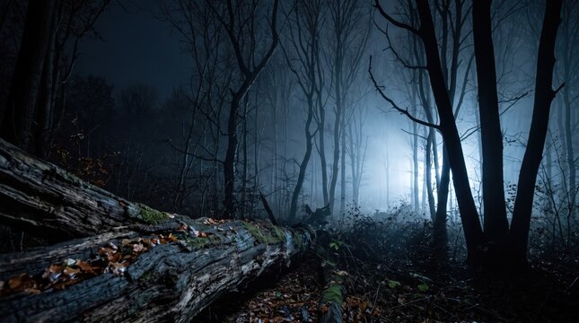 A dark and misty fantasy forest panorama with a fallen log in the foreground, creating an eerie halloween landscape under a mysterious blue light.
