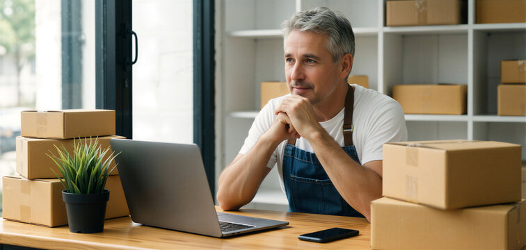 Middle-aged man thoughtfully reviews his online store operations amidst stacks of boxes at a wooden desk.