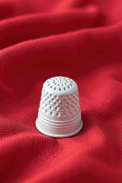 White thimble rests on vibrant red fabric
