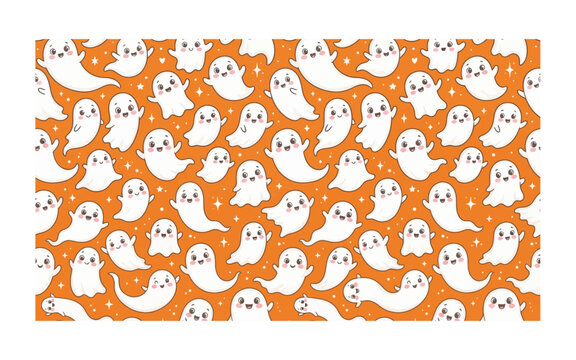Cute happy ghosts Seamless pattern on a vibrant orange background for halloween designs