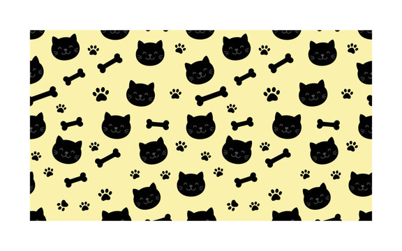 Seamless pattern with black cats paw prints and bones on yellow background