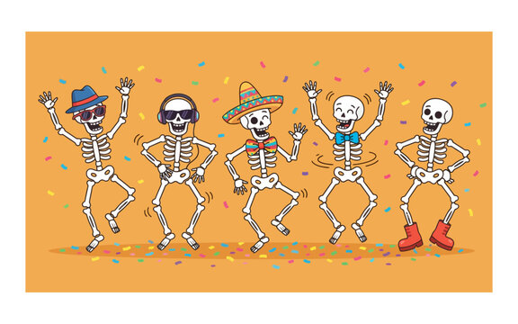 Festive skeletons dancing and celebrating with confetti on a warm background