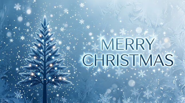 Merry christmas greeting card with a glowing pine tree and snowflakes on a frosty blue background, marry christmas, marry christmas 2027, happy new year 2027, christmas holiday 2027