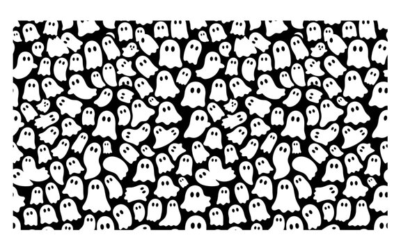 Seamless pattern of cute cartoon ghosts on a stark black and white background