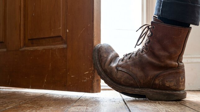 Foot in the Door Concept, a Worn Work Boot Wedged in a Part Closed Doorway