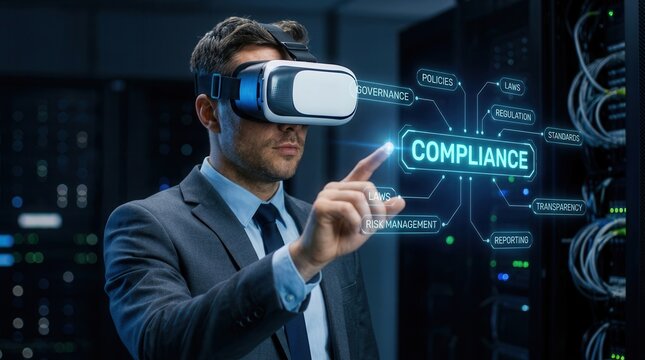 Virtual reality experience for corporate compliance, showing digital requirements, transparency, and regulations.