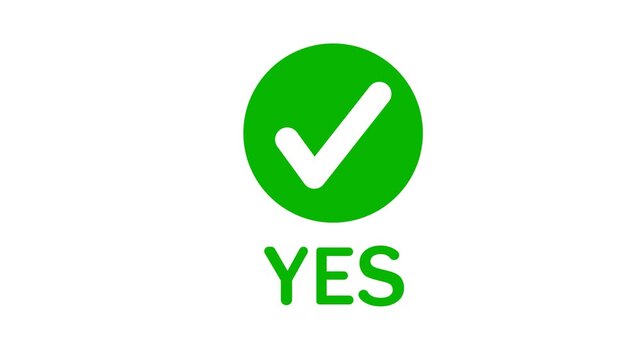 Green check mark yes button animation, approved status icon with text, choice selection motion graphic