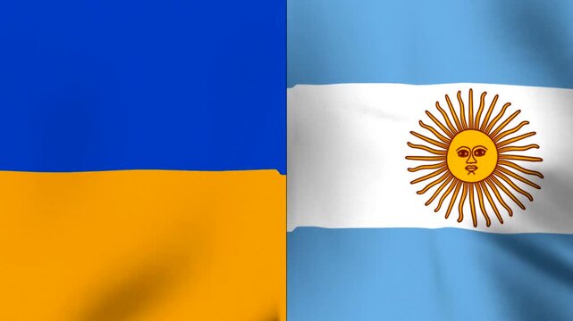 Two national flags of Ukraine and Argentina waving side by side representing international cooperation and diplomatic relationships between countries