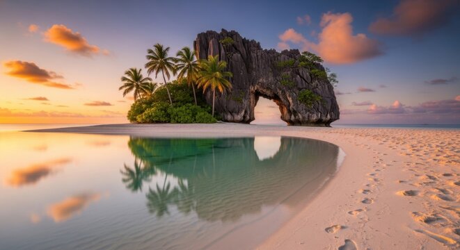 Tropical island rock arch at sunset with palm trees and calm water paradise