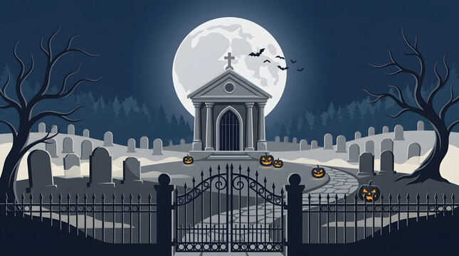 Spooky pixel art cemetery scene with a full moon and carved pumpkins at night for halloween background