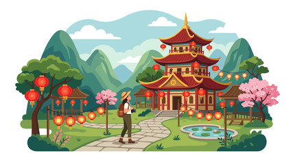 Obraz premium A woman tourist explores a beautiful traditional Asian temple garden.