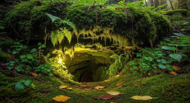 Mysterious cave entrance overgrown with moss and ferns discover nature mystery