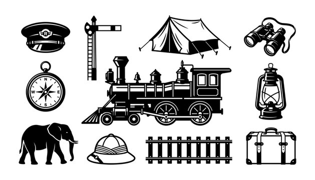 Vintage Safari Exploration Set with Train, Tent, Binoculars, and Compass
