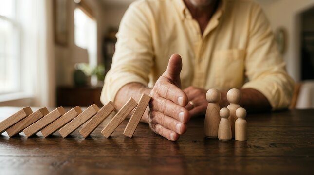 Protective fatherly hand blocking falling wooden blocks to symbolize family security, love, and compassion.