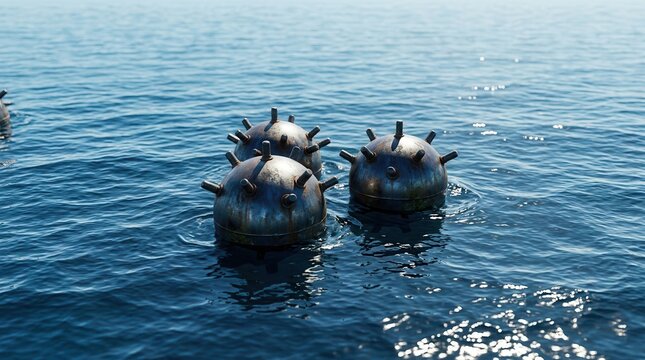 Dangerous maritime environment with metallic naval mines drifting on a calm sea.