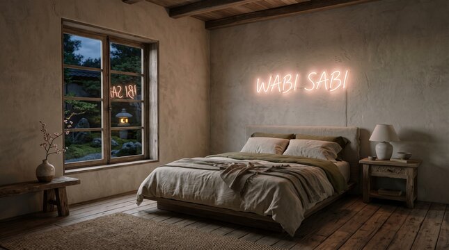 Wabi sabi bedroom interior with neon sign