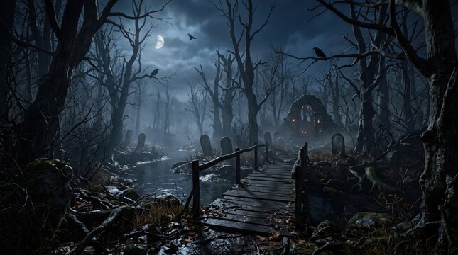 Dark, misty halloween forest panorama fantasy art shows an old wooden bridge crossing a spooky graveyard with bare trees, glowing under a full moon.