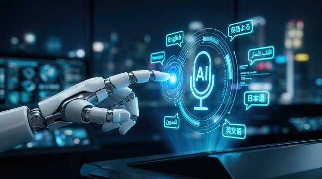 A robotic hand reaches toward a virtual control panel for an advanced AI with multilingual processing capabilities.
