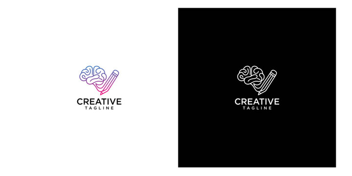 Creative Brain and Pencil Logo Design Template for Education and Smart Ideas
