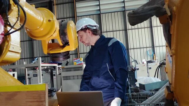 Industrial robot arm and technician working with laptop in modern factory setting