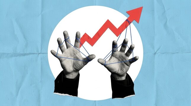 Concept of economic growth and market direction being manipulated by hands with strings on a red arrow.