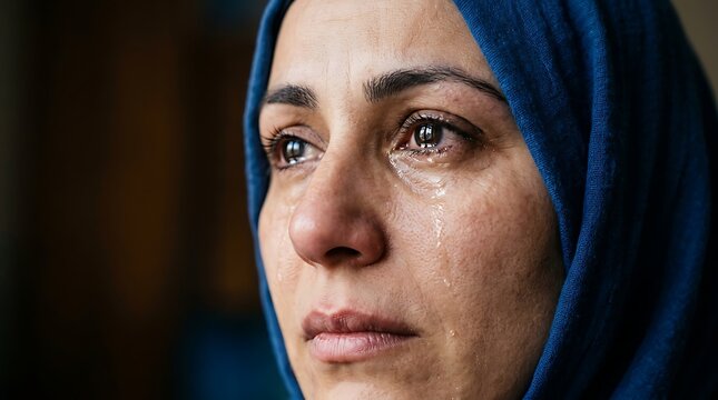 Sad woman wearing a blue hijab crying with tears on her face