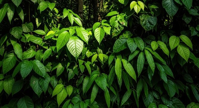 Lush green foliage in a dense forest background