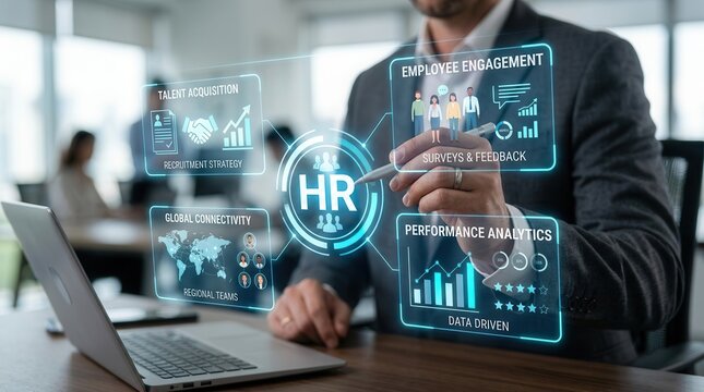 Human resources management concept with a digital interface showing teamwork, performance data, and global connectivity icons.