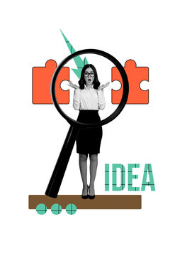 Vertical poster collage young businesswoman entrepreneur magnifying loop enlarger tool explore puzzle quiz connection idea