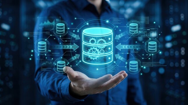 Conceptual image of a data pipeline and ETL process with database icons and data warehouse technology.