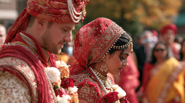 Indian bride and groom wearing traditional red and gold wedding attire stand together during their ceremony.