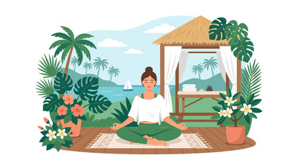 Fototapeta premium Woman meditating in a serene tropical paradise spa setting