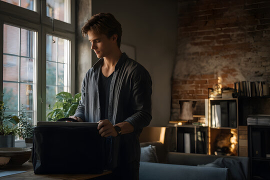 Man packing laptop bag in small apartment before heading to office