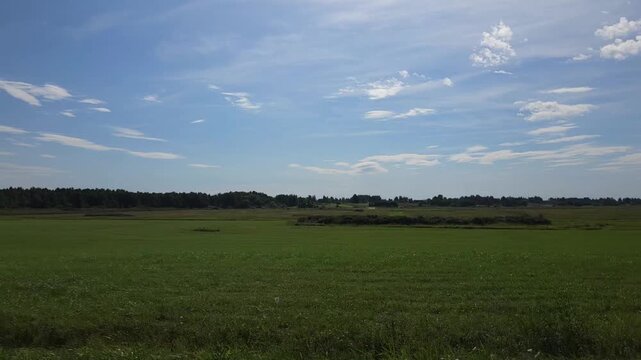 Expansive green field under a blue sky with scattered clouds  