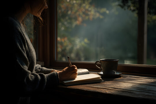 Person writing in gratitude journal with morning coffee and soft window light