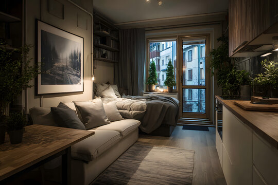 Compact studio apartment interior with multifunctional furniture