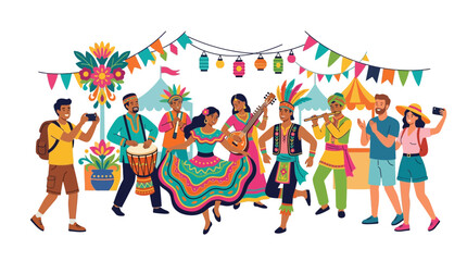 Fototapeta premium People enjoying a colorful traditional cultural festival with music and dancing.
