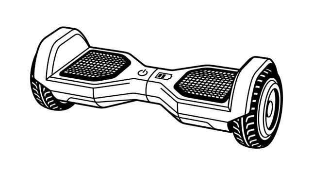 A simple black and white line drawing of a modern self balancing hoverboard scooter.
