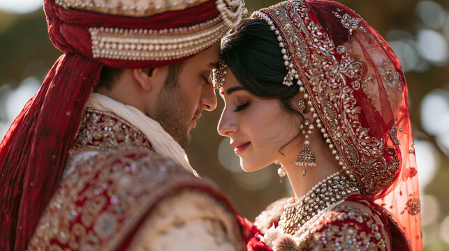 Indian bride and groom in ornate traditional attire share an intimate moment outdoors.