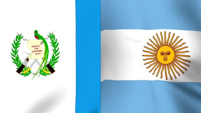 Waving fabric flags of Guatemala and Argentina joined together in a single horizontal composition