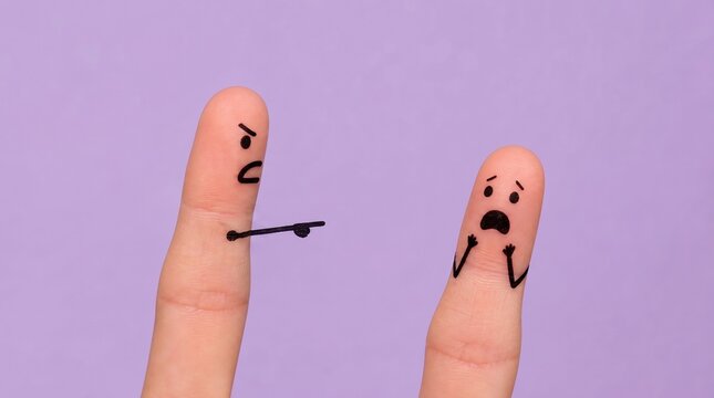 Two Human Fingers with Hand Drawn Angry and Scared Faces Illustrating Bullying Behavior, Concept for Workplace Harassment or Conflict