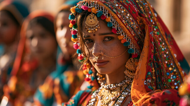 Rajasthani woman wears ornate colorful folk attire and traditional gold jewelry.