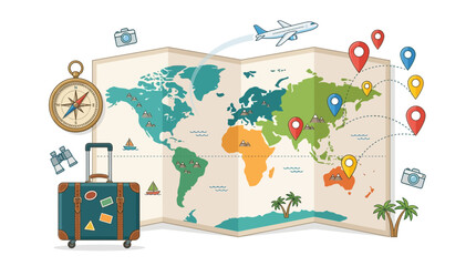 Fototapeta premium World travel map with vacation accessories and route pins