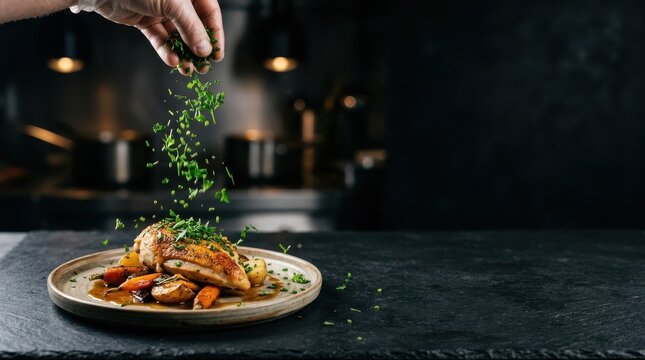 Close up of professional chef sprinkling freshly chopped green herbs onto a roasted chicken breast served with glazed carrots and potatoes on a plate in a dark restaurant kitchen.