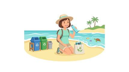 Fototapeta premium Woman enjoys a clean beach, promoting eco-friendly travel and conservation.