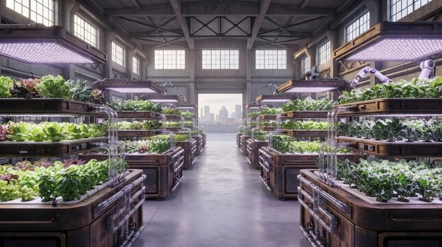 Modern indoor vertical farm with automated hydroponic growing systems