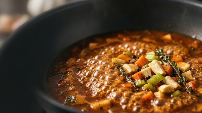 Macro shot of a bubbling vegetable soup in a dark pan featuring diced carrots, celery, parsnips, peppercorns, and fresh herbs simmering in a rich savory broth with visible steam.