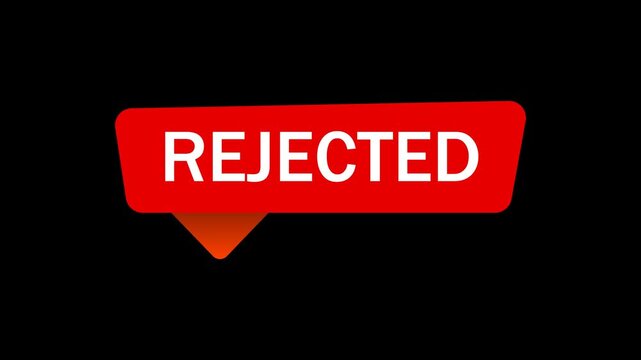 Red rejected stamp label animation, decline text badge icon, status notification banner motion graphic