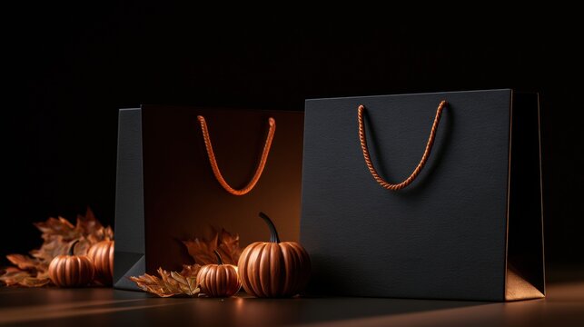 Black shopping bags surrounded by orange pumpkins and autumn foliage for seasonal holiday retail sales with two