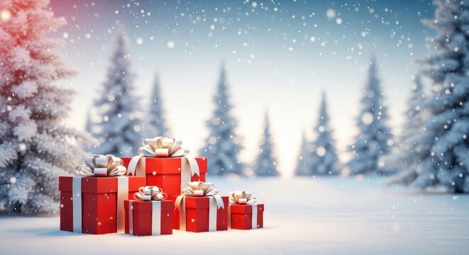 A serene winter wonderland scene with a stack of elegantly wrapped christmas presents